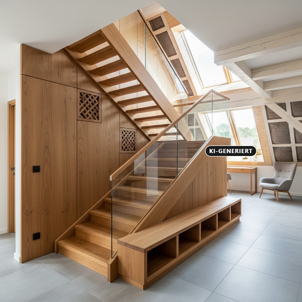 KI-generiert: Eine moderne offene Holztreppe mit Glasgeländer und integriertem Regal führt in einem hellen Dachgeschoss nach oben.