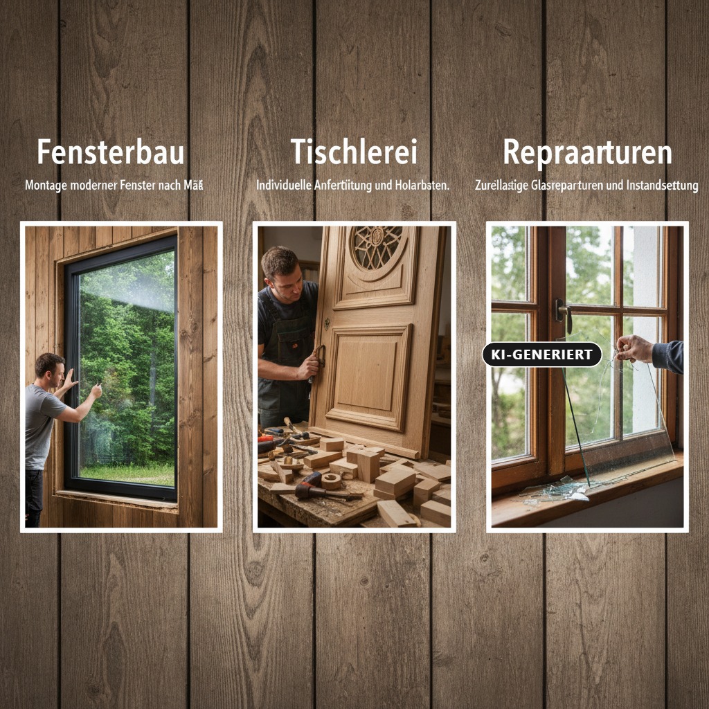KI-generiert: Drei nebeneinander angeordnete Bilder auf Holzmaserung präsentieren die Dienstleistungen Fensterbau, Tischlerei und Reparaturen mit jeweils passenden Szenen wie Fensterinstallation, Holzarbeit und Glasreparatur.